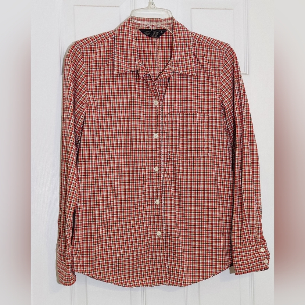 ABERCROMBIE & FITCH Vintage 1990s Size Small Red/White/Tan/Black Plaid Blouse.